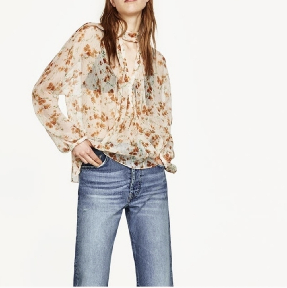 Zara Basic Sheer Orange Floral Long Sleeve Blouse Top Size Small